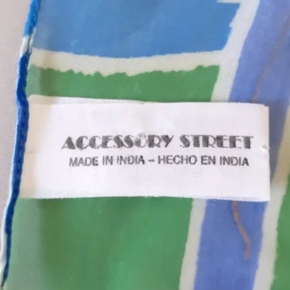 Floral & Geometric Print Sheer Scarf, Blue / Green / Gold, 61" x 12" - Picture 6 of 7